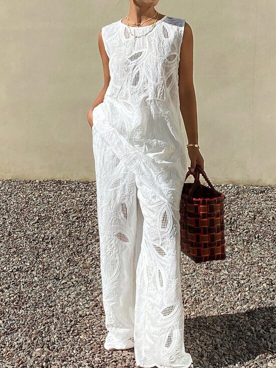 MODA ME COUTURE Tops - White Casual Women's Lace Floral Maxi Dress & Wide Leg Pants Two-Piece Suit